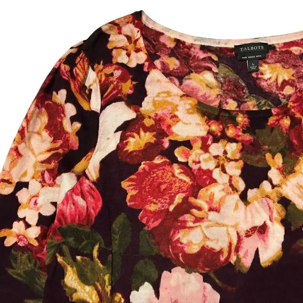 Talbots  Pure Merino Wool Gathered Shoulder Sweater - Burgundy Floral, S